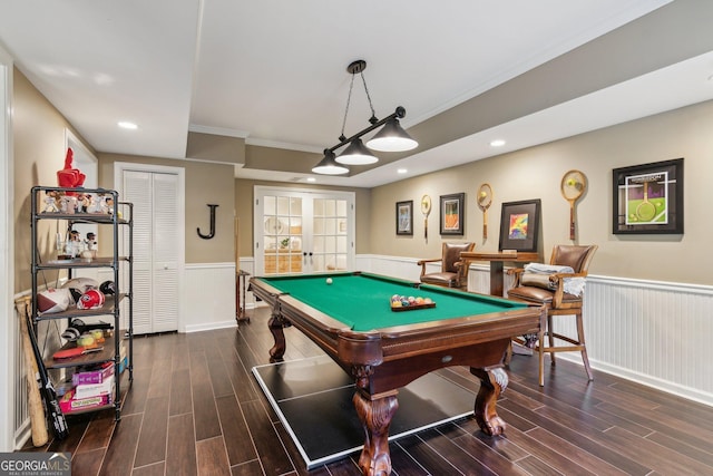 750 Highview Ct, Woodstock, GA 30189 - rec room featuring a wainscoted wall, dark wood-style floors, billiards, recessed lighting, and ornamental molding