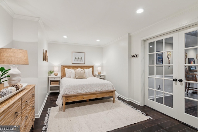 750 Highview Ct, Woodstock, GA 30189 - bedroom featuring french doors, dark wood-type flooring, baseboards, ornamental molding, and recessed lighting