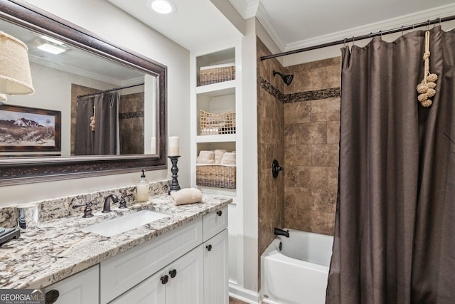 750 Highview Ct, Woodstock, GA 30189 - bathroom featuring vanity, crown molding, shower / tub combo with curtain, and built in shelves