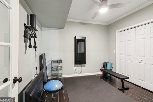 750 Highview Ct, Woodstock, GA 30189 - exercise room featuring wood finished floors, ceiling fan, crown molding, and baseboards