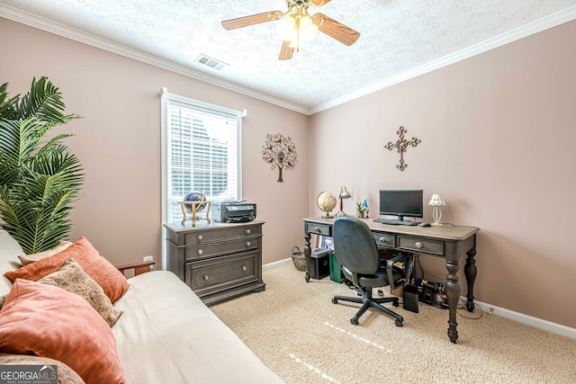 435 Flowering Trl, Grayson, GA 30017 - carpeted office space featuring a ceiling fan, a textured ceiling, ornamental molding, and baseboards