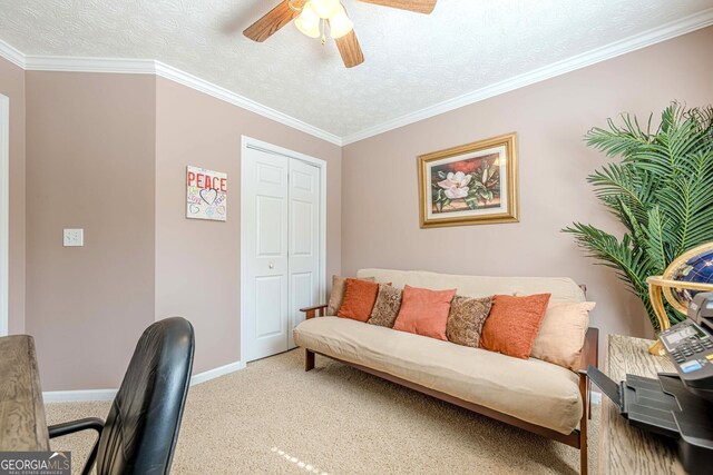 435 Flowering Trl, Grayson, GA 30017 - carpeted home office featuring ceiling fan, baseboards, ornamental molding, and a textured ceiling