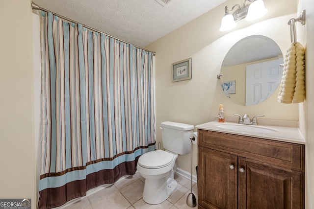 435 Flowering Trl, Grayson, GA 30017 - bathroom with toilet, vanity, tile patterned flooring, a textured ceiling, and curtained shower