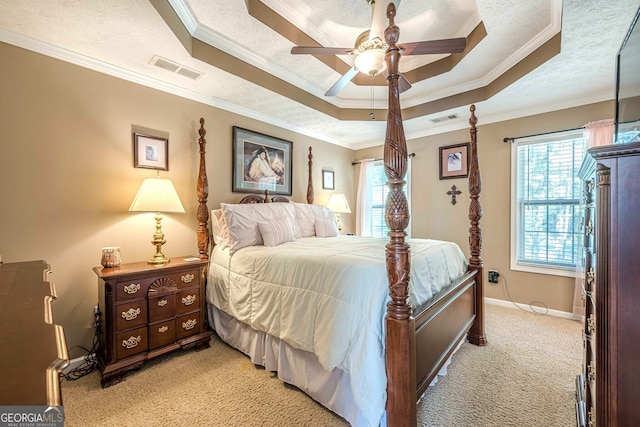 435 Flowering Trl, Grayson, GA 30017 - bedroom featuring a raised ceiling, light colored carpet, ornamental molding, baseboards, and ceiling fan
