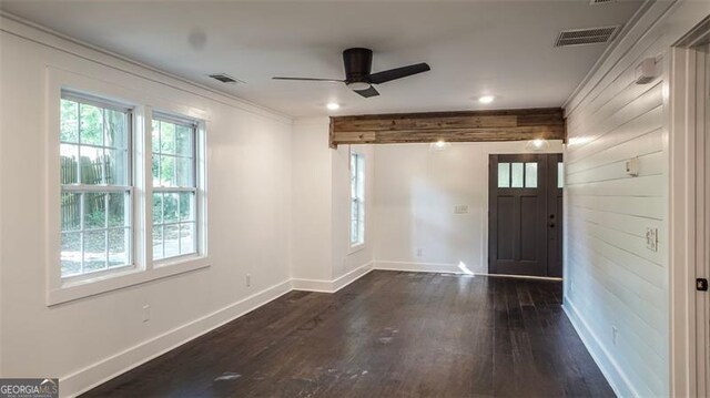 4443 Toonigh Rd, Acworth, GA 30101 - foyer with healthy amount of natural light, dark wood-type flooring, baseboards, ornamental molding, and wood walls