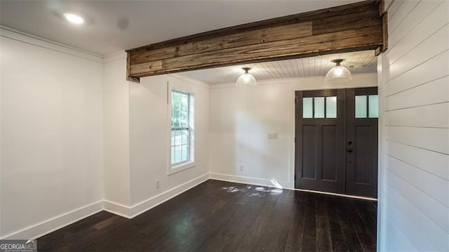4443 Toonigh Rd, Acworth, GA 30101 - entryway with dark wood-type flooring, baseboards, beam ceiling, and ornamental molding