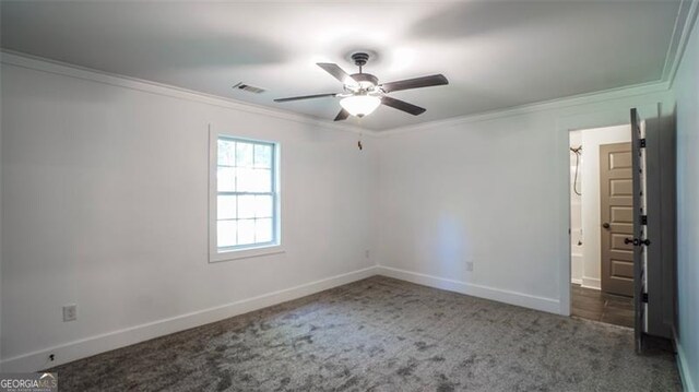 4443 Toonigh Rd, Acworth, GA 30101 - spare room with crown molding, carpet flooring, a ceiling fan, and baseboards