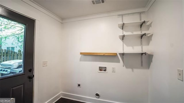 4443 Toonigh Rd, Acworth, GA 30101 - washroom with baseboards, washer hookup, electric dryer hookup, and crown molding