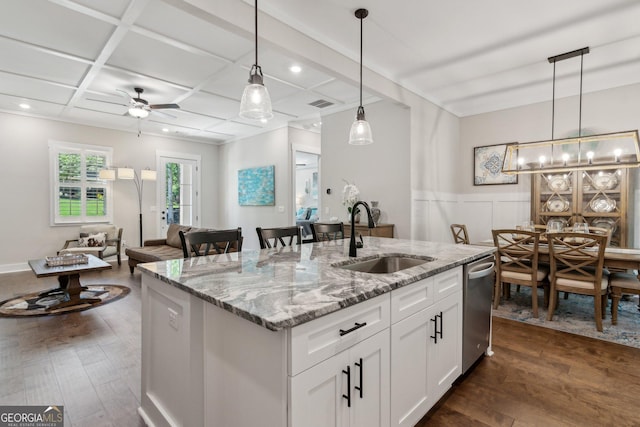 210 Birmingham Rd, Ball Ground, GA 30107 - kitchen with a sink, stainless steel dishwasher, a kitchen island with sink, dark wood-style floors, and coffered ceiling