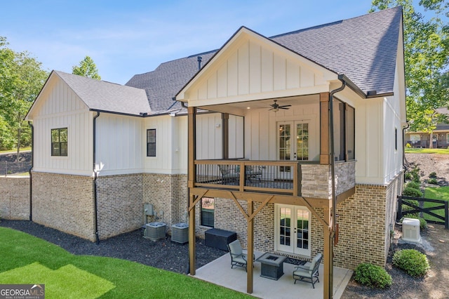 210 Birmingham Rd, Ball Ground, GA 30107 - rear view of property featuring french doors, brick siding, a ceiling fan, and roof with shingles