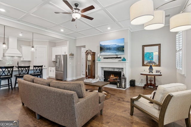 210 Birmingham Rd, Ball Ground, GA 30107 - living area with coffered ceiling, a ceiling fan, dark wood-style flooring, a fireplace, and recessed lighting