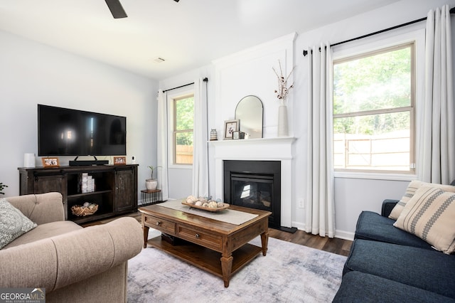 3537 Edenridge Ct, Buford, GA 30519 - living room featuring wood finished floors, a ceiling fan, a large fireplace, and baseboards
