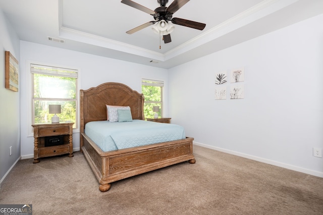 3537 Edenridge Ct, Buford, GA 30519 - carpeted bedroom with a raised ceiling, ornamental molding, baseboards, and ceiling fan