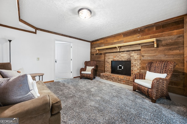 290 Dania Dr, Alpharetta, GA 30009 - carpeted living area with wood walls, a textured ceiling, baseboards, a fireplace, and ornamental molding