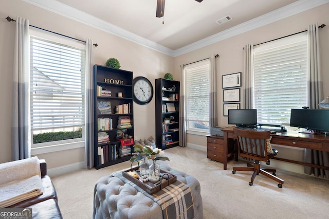2470 Anderson Estates Ct, Marietta, GA 30064 - office area featuring carpet floors, crown molding, ceiling fan, and plenty of natural light