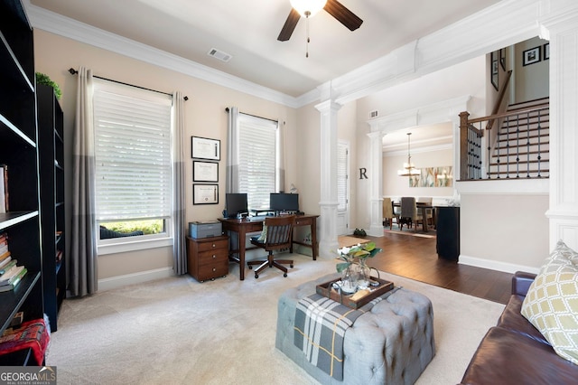 2470 Anderson Estates Ct, Marietta, GA 30064 - office with ornate columns, crown molding, baseboards, ceiling fan, and a chandelier