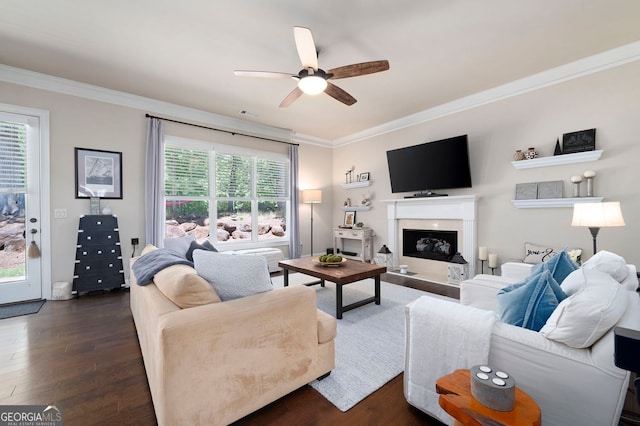 2470 Anderson Estates Ct, Marietta, GA 30064 - living area with crown molding, a ceiling fan, dark wood-style flooring, plenty of natural light, and a fireplace