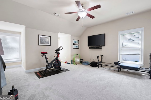 2470 Anderson Estates Ct, Marietta, GA 30064 - workout room featuring a ceiling fan, carpet, vaulted ceiling, baseboards, and healthy amount of natural light