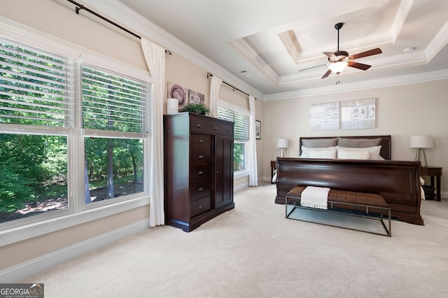 2470 Anderson Estates Ct, Marietta, GA 30064 - bedroom featuring a tray ceiling, light colored carpet, ornamental molding, and baseboards
