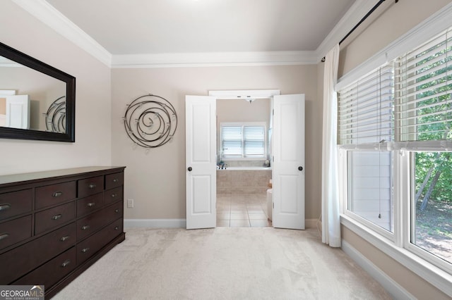 2470 Anderson Estates Ct, Marietta, GA 30064 - bedroom with baseboards, light carpet, ornamental molding, and ensuite bathroom