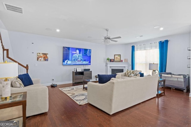 55 Clubhouse Way, Acworth, GA 30101 - living room featuring wood finished floors, ceiling fan, recessed lighting, a fireplace, and stairway