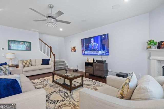 55 Clubhouse Way, Acworth, GA 30101 - living area featuring stairway, wood finished floors, recessed lighting, and a ceiling fan