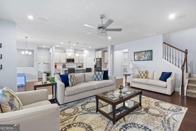 55 Clubhouse Way, Acworth, GA 30101 - living room with a ceiling fan, wood finished floors, stairs, recessed lighting, and a chandelier