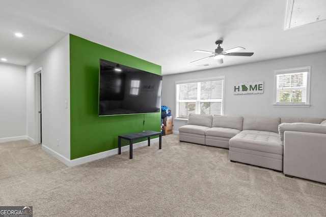 55 Clubhouse Way, Acworth, GA 30101 - living room featuring carpet flooring, healthy amount of natural light, ceiling fan, recessed lighting, and attic access