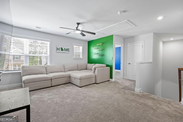 55 Clubhouse Way, Acworth, GA 30101 - living room featuring attic access, ceiling fan, carpet floors, and recessed lighting