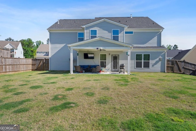 55 Clubhouse Way, Acworth, GA 30101 - back of property featuring ceiling fan, an outdoor hangout area, a patio, and a fenced backyard