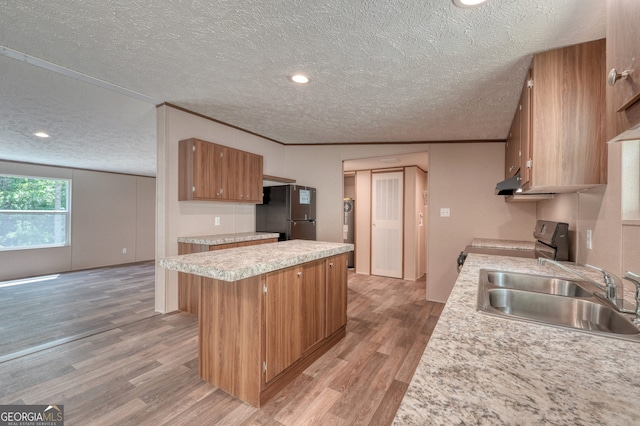 64 Town View Cir, Blairsville, GA 30512 - kitchen with freestanding refrigerator, a sink, stainless steel electric stove, light countertops, and a textured ceiling
