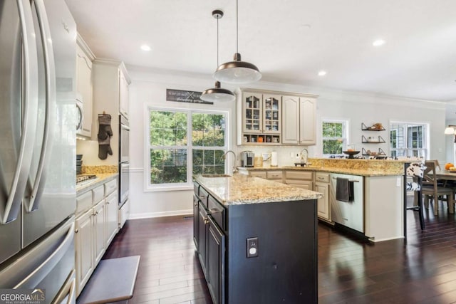25 Grange Ct, Sharpsburg, GA 30277 - kitchen featuring stainless steel appliances, ornamental molding, dark wood finished floors, glass insert cabinets, and a peninsula