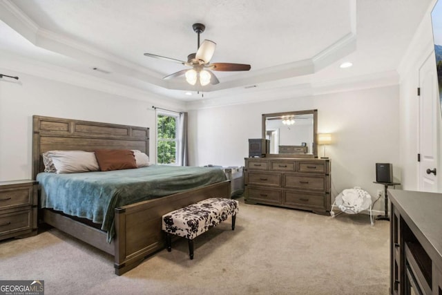 25 Grange Ct, Sharpsburg, GA 30277 - bedroom featuring a tray ceiling, crown molding, light carpet, recessed lighting, and a ceiling fan