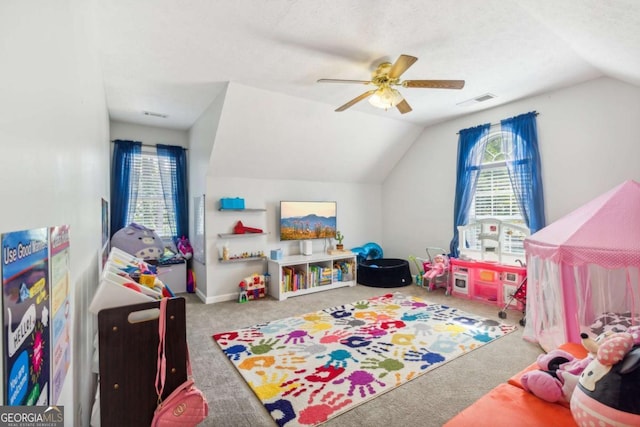 25 Grange Ct, Sharpsburg, GA 30277 - recreation room with vaulted ceiling, healthy amount of natural light, carpet, and a ceiling fan