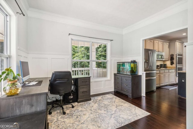 25 Grange Ct, Sharpsburg, GA 30277 - office area with a decorative wall, crown molding, a wainscoted wall, and dark wood-style floors
