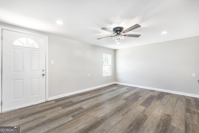 108 Holly St, Warner Robins, GA 31093 - foyer with ceiling fan, dark wood-type flooring, baseboards, and recessed lighting