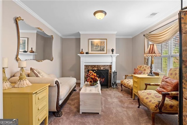 1070 Cureton Dr, Austell, GA 30106 - living room with ornamental molding, carpet, and a high end fireplace