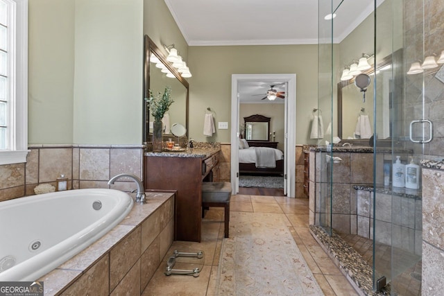 595 S Antioch Rd, Mcdonough, GA 30252 - ensuite bathroom featuring a jetted tub, vanity, ceiling fan, a stall shower, and crown molding