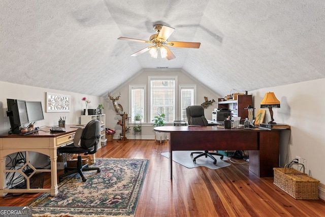 595 S Antioch Rd, Mcdonough, GA 30252 - office area with a textured ceiling, wood-type flooring, vaulted ceiling, a ceiling fan, and baseboards