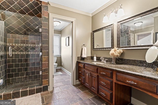 595 S Antioch Rd, Mcdonough, GA 30252 - full bath with ornamental molding, baseboards, vanity, toilet, and a stall shower