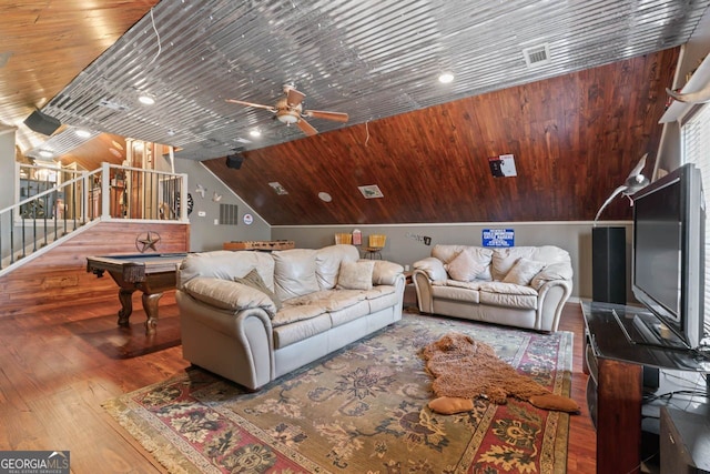 595 S Antioch Rd, Mcdonough, GA 30252 - living room featuring wood finished floors, a ceiling fan, billiards, and lofted ceiling
