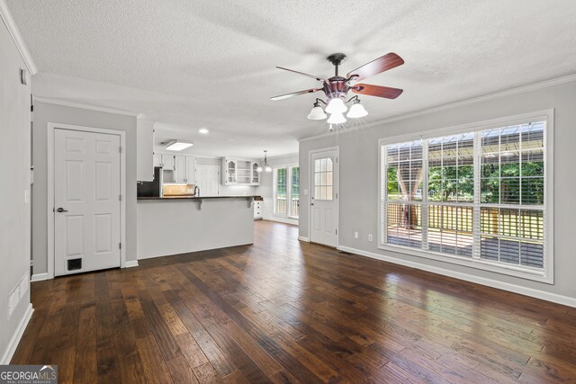 220 Drumcliff Ct, Tyrone, GA 30290 - unfurnished living room with crown molding, a ceiling fan, a textured ceiling, dark wood-type flooring, and baseboards