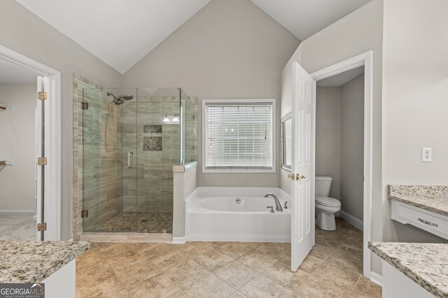 220 Drumcliff Ct, Tyrone, GA 30290 - bathroom with a bath, a stall shower, vanity, toilet, and lofted ceiling