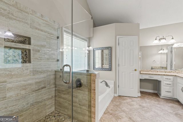 220 Drumcliff Ct, Tyrone, GA 30290 - full bath featuring a bath, vanity, a stall shower, tile patterned flooring, and vaulted ceiling