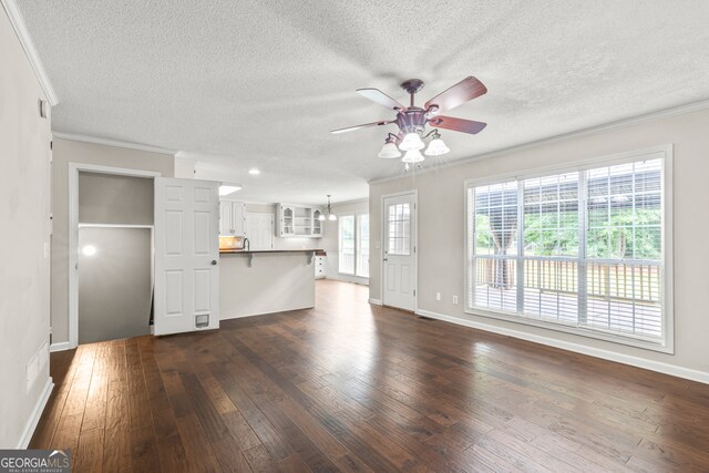220 Drumcliff Ct, Tyrone, GA 30290 - unfurnished living room with a textured ceiling, a ceiling fan, dark wood-style flooring, crown molding, and baseboards
