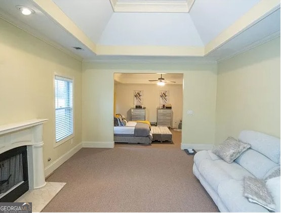 6529 Terraglen Way, Locust Grove, GA 30248 - living room featuring a raised ceiling, a fireplace, ornamental molding, carpet floors, and baseboards