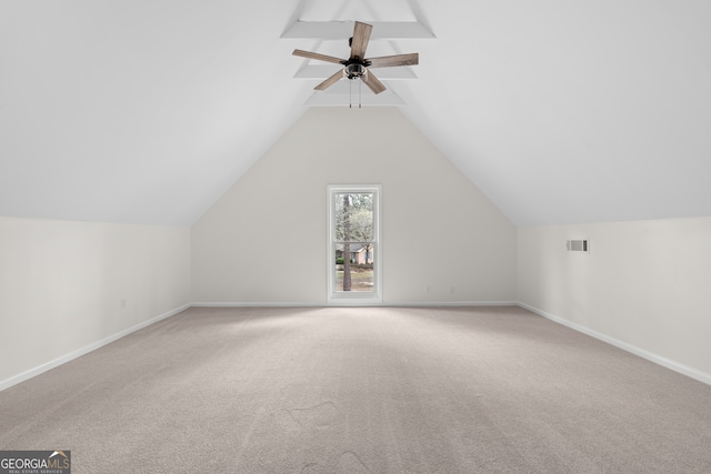 9 Wimbledon Ct, Statesboro, GA 30458 - additional living space featuring a ceiling fan, carpet flooring, lofted ceiling, and baseboards