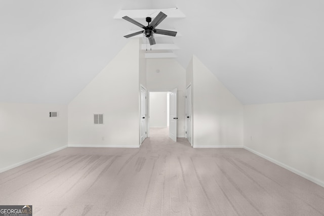 9 Wimbledon Ct, Statesboro, GA 30458 - additional living space featuring light carpet, ceiling fan, vaulted ceiling, and baseboards