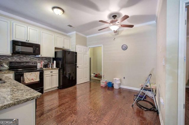 150 Old Mill Rd Unit 331, Cartersville, GA 30120 - kitchen featuring black appliances, ceiling fan, backsplash, ornamental molding, and light stone countertops