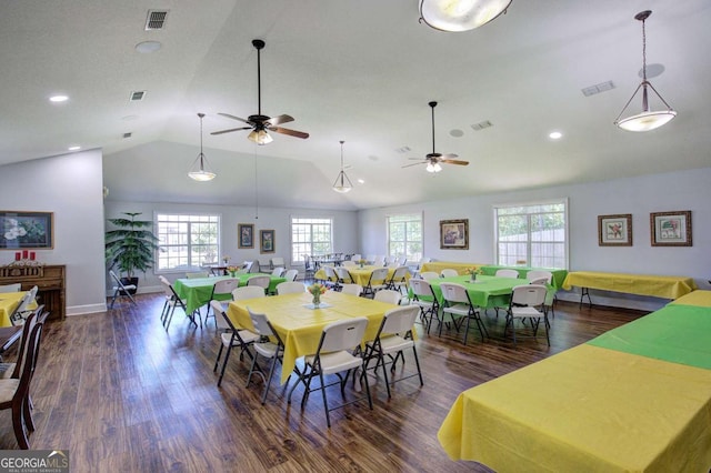 150 Old Mill Rd Unit 331, Cartersville, GA 30120 - dining room with vaulted ceiling, plenty of natural light, a ceiling fan, wood finished floors, and recessed lighting